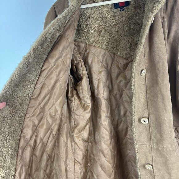 Vintage Y2K Gallery Hooded Suede Leather Penny Lane Coat Faux Fur Trim Sz L Warm - Picture 9 of 12